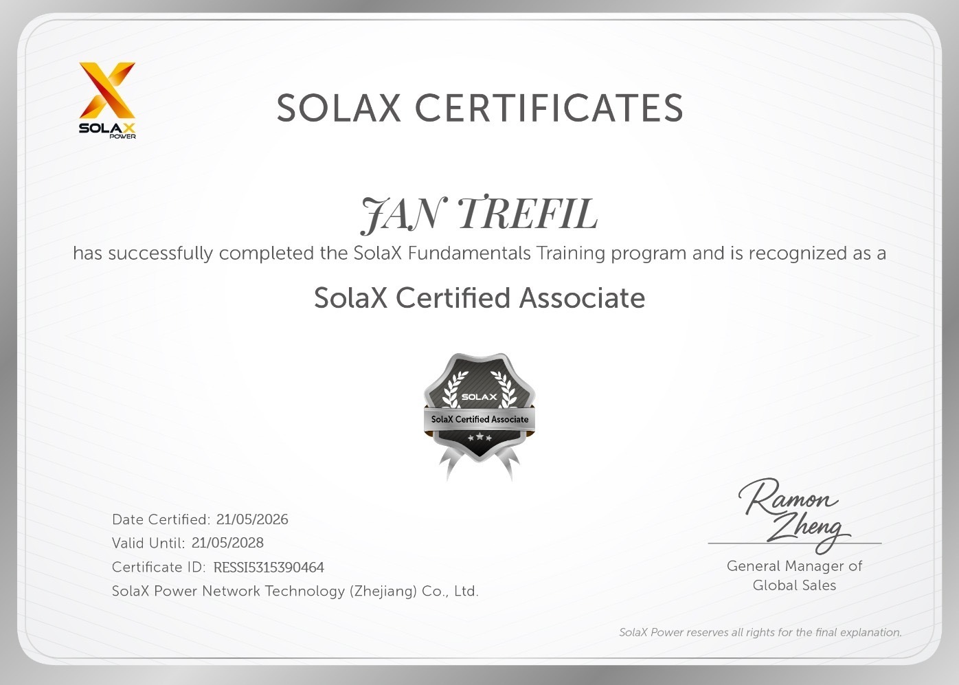 Solax certifik�t