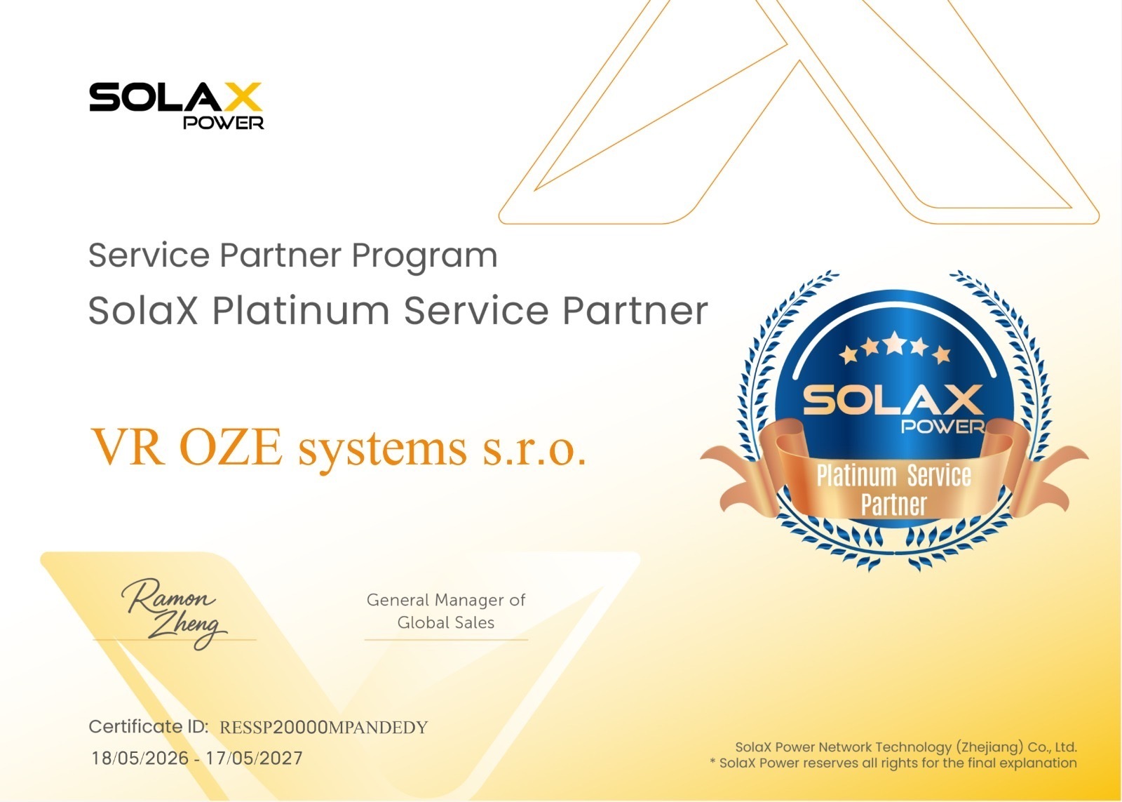 Solax certifik�t